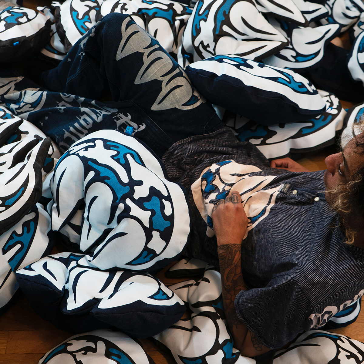 CLAW CUT & SEW SCREEN PRINTED DENIM CAMO PILLOW