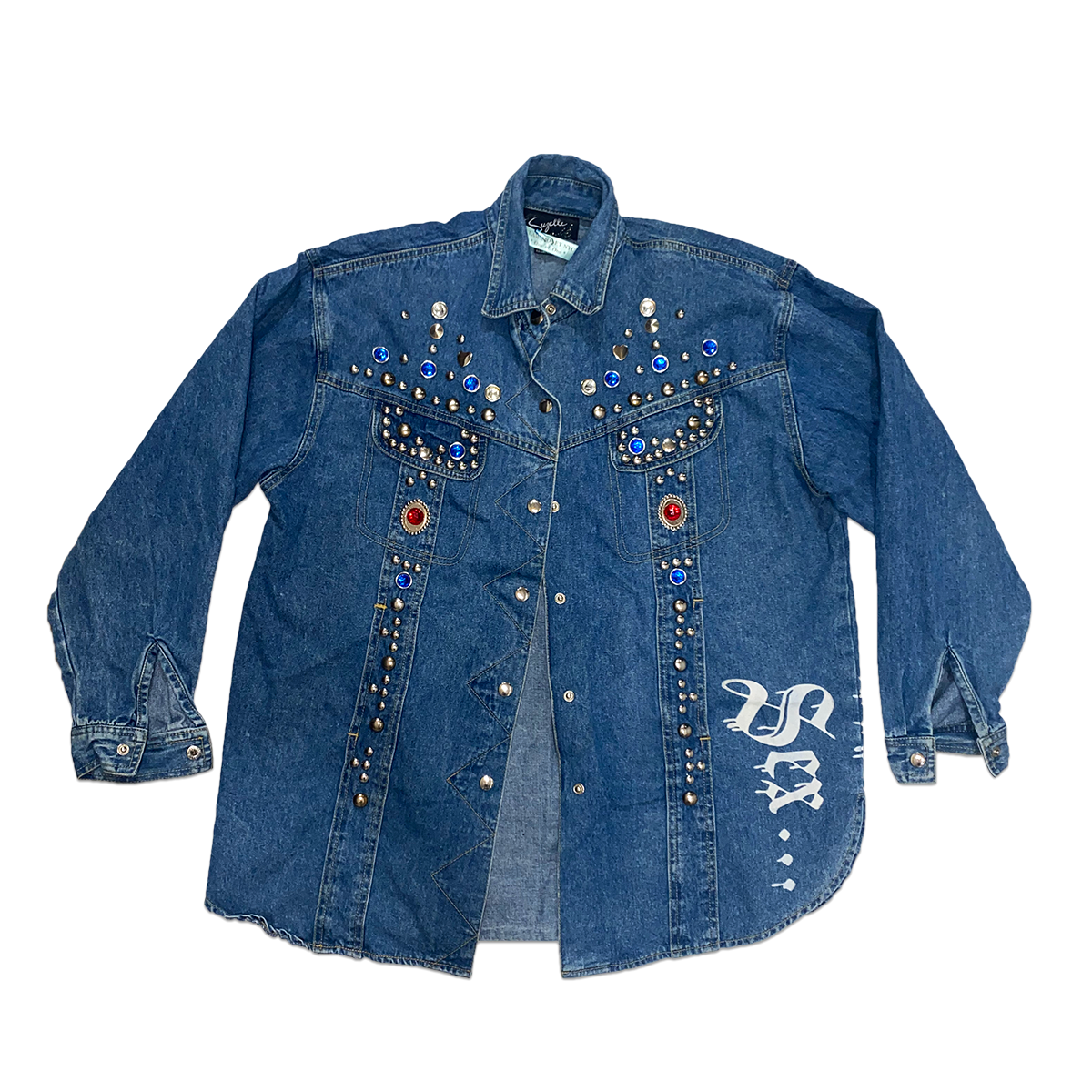 CLAW PMS DENIM JEWELED BUTTON DOWN SHIRT