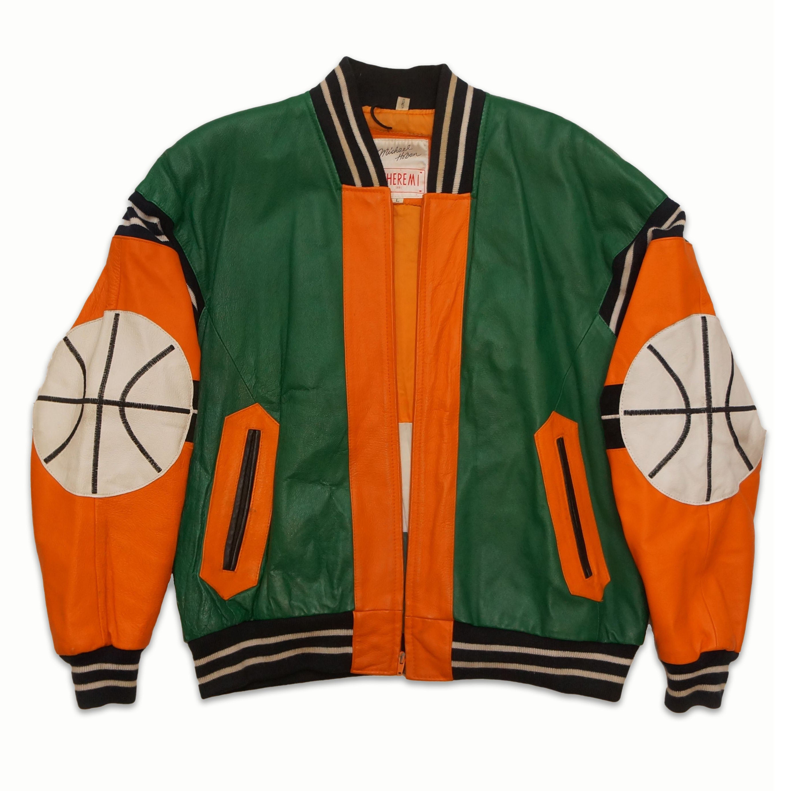 Vintage Orange white and Green Leather Basket Ball Jacket By Michael Hoban